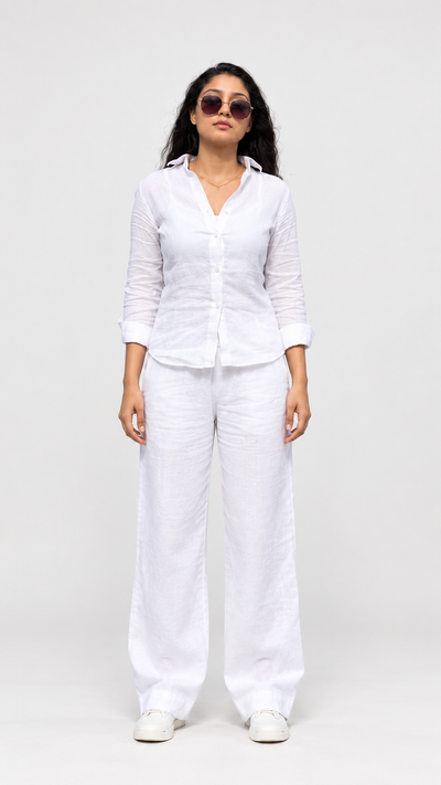 White Linen Co-ord Set for Women – Shirt & Wide-Leg Pants