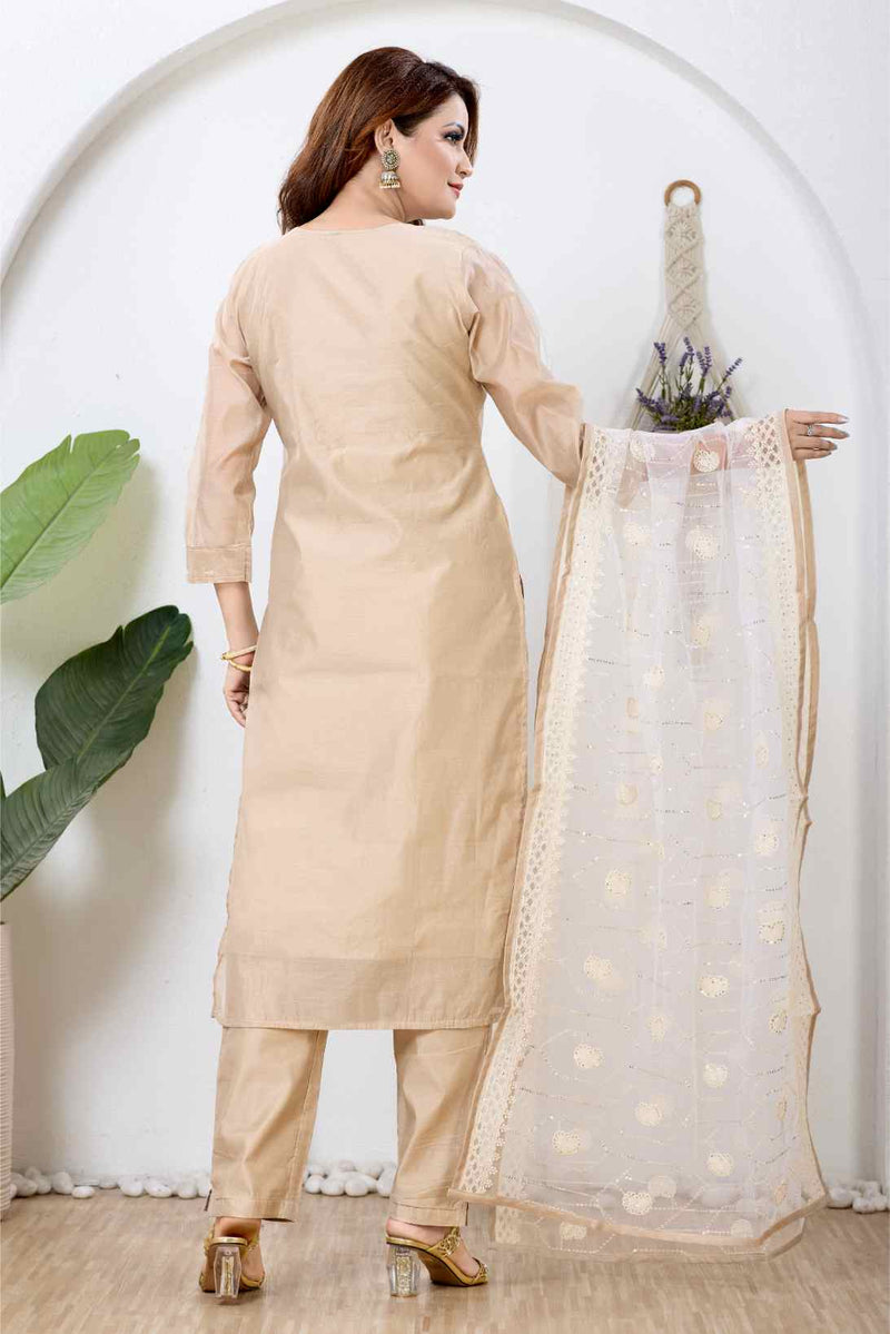 Beige & Ivory Lace Straight Kurta Set