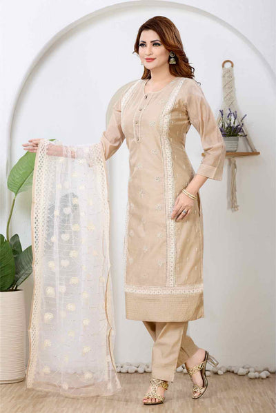 Beige & Ivory Lace Straight Kurta Set
