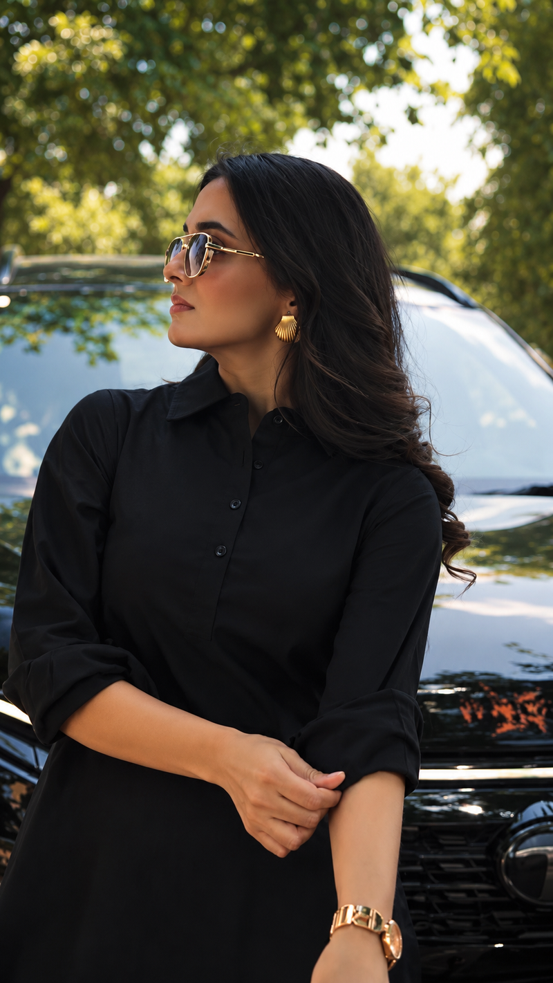 Midnight Black Pathani-Style Shirt Kurta