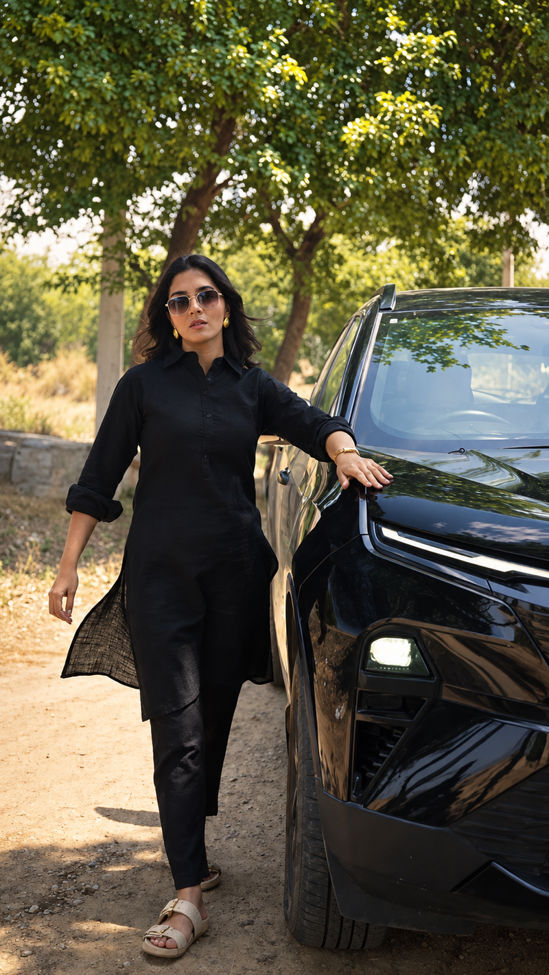 Midnight Black Pathani-Style Shirt Kurta