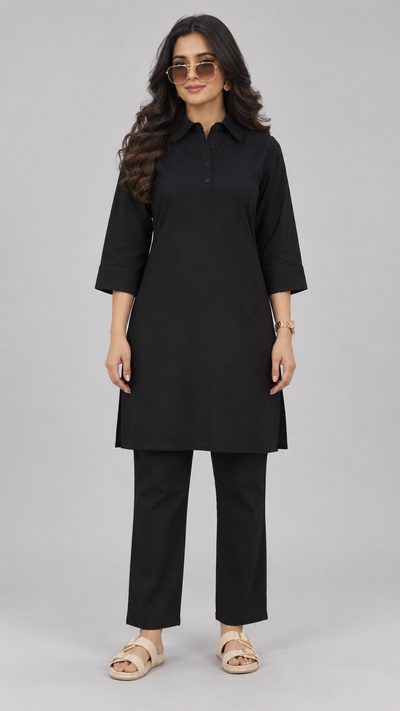 Midnight Black Pathani-Style Shirt Kurta
