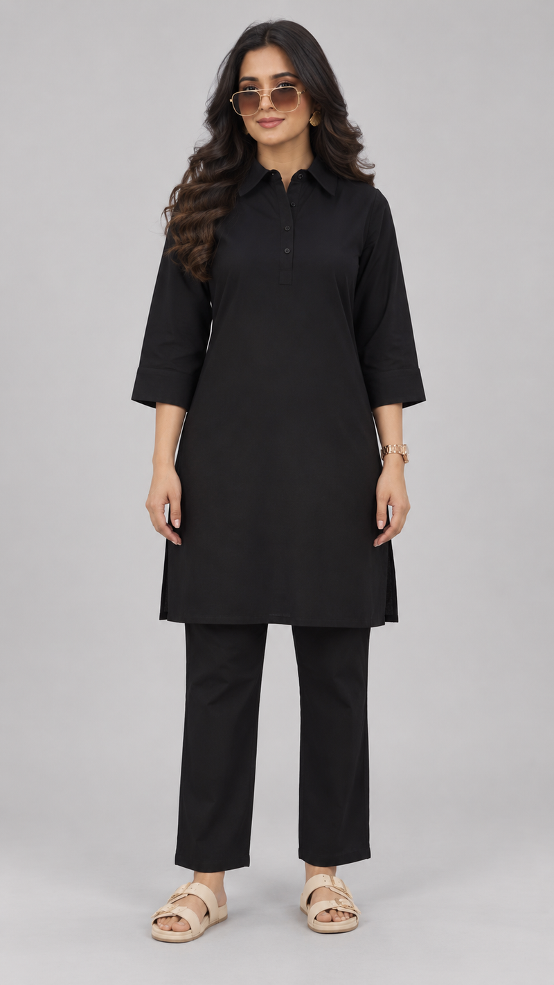 Midnight Black Pathani-Style Shirt Kurta