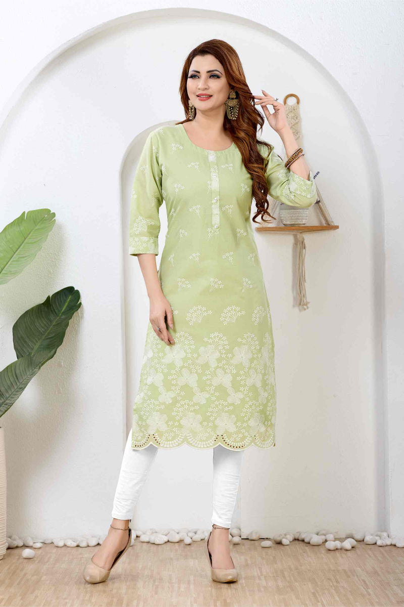 Lime Sorbet & Ivory Floral Artisan Straight Kurti