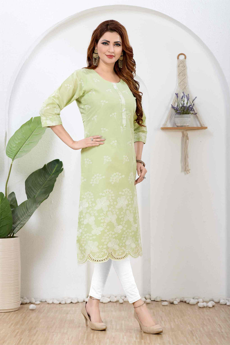Lime Sorbet & Ivory Floral Artisan Straight Kurti