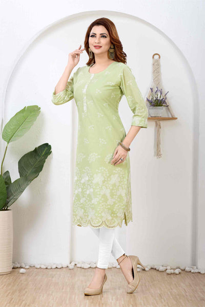 Lime Sorbet & Ivory Floral Artisan Straight Kurti