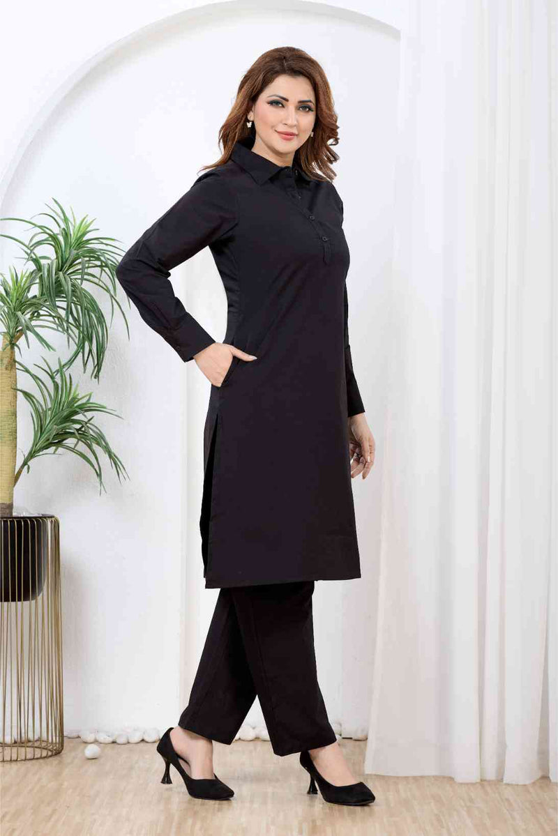 Midnight Black Pathani-Style Shirt Kurta