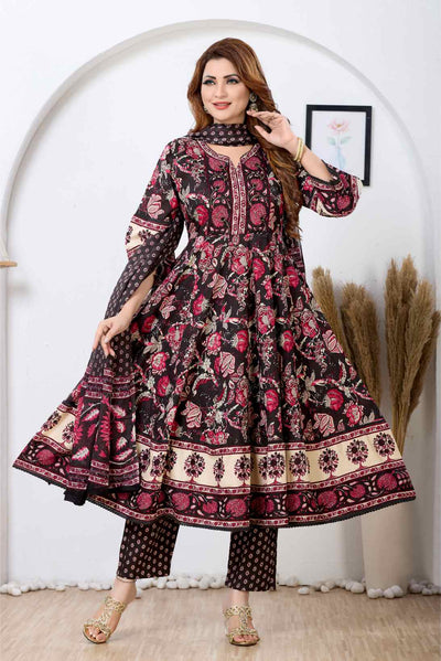 Midnight Black & Magenta Floral A-Line Kurta Set