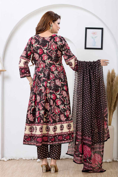 Midnight Black & Magenta Floral A-Line Kurta Set
