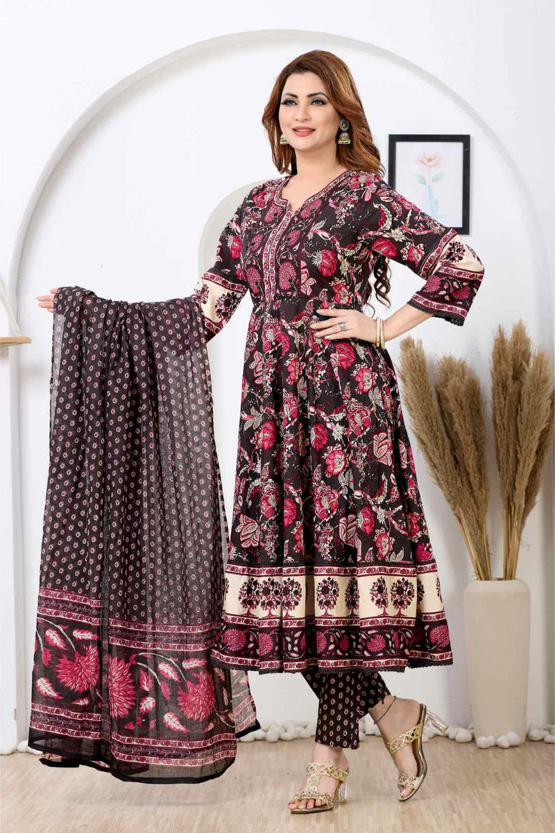 Midnight Black & Magenta Floral A-Line Kurta Set
