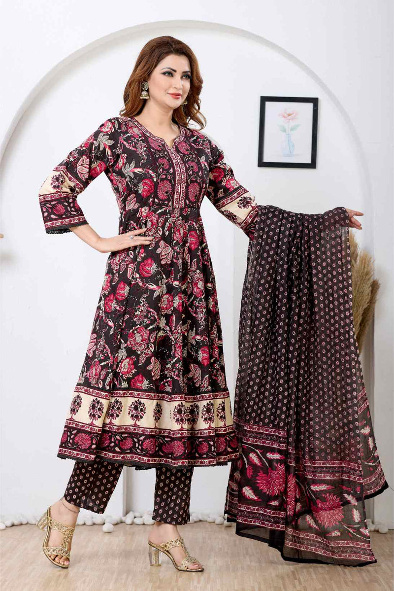 Midnight Black & Magenta Floral A-Line Kurta Set