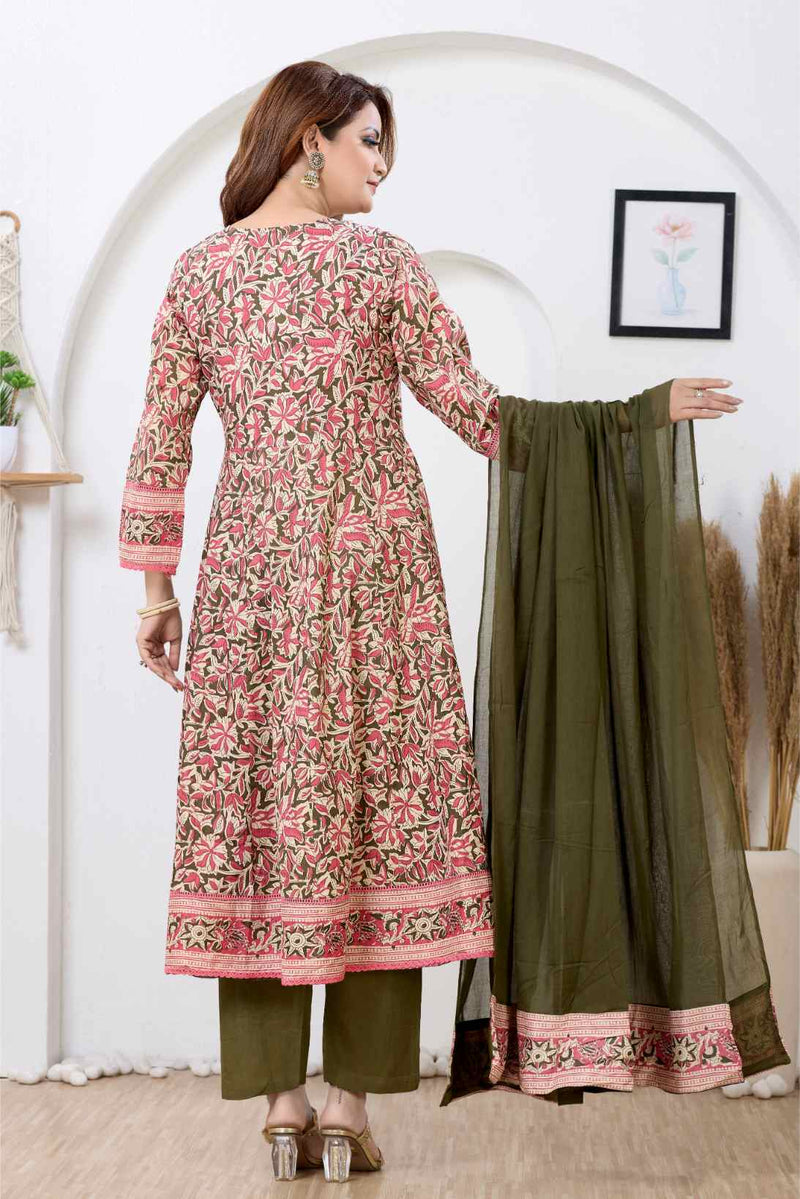 Olive Green & Pink Floral A-Line Kurta Set