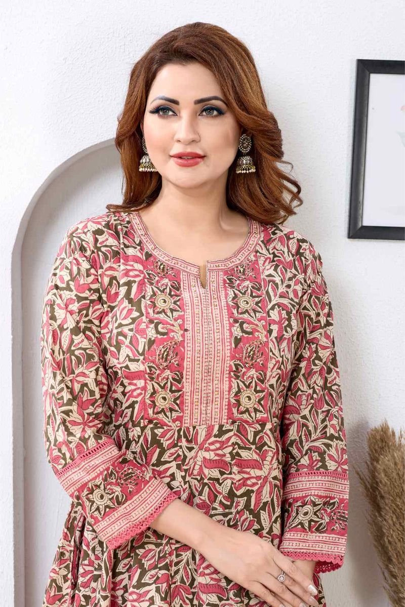 Olive Green & Pink Floral A-Line Kurta Set