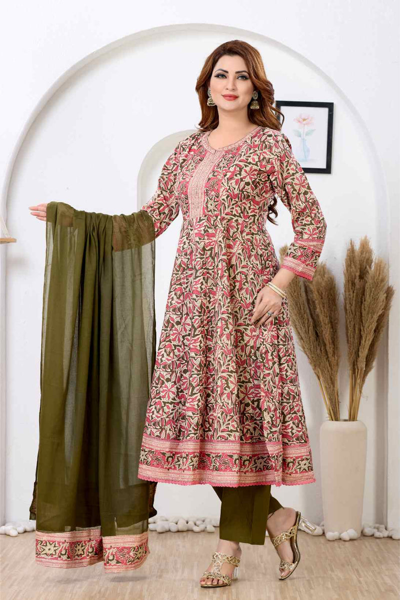 Olive Green & Pink Floral A-Line Kurta Set