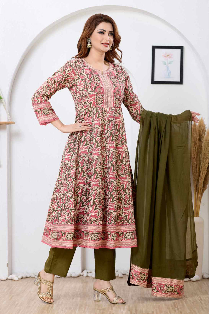 Olive Green & Pink Floral A-Line Kurta Set