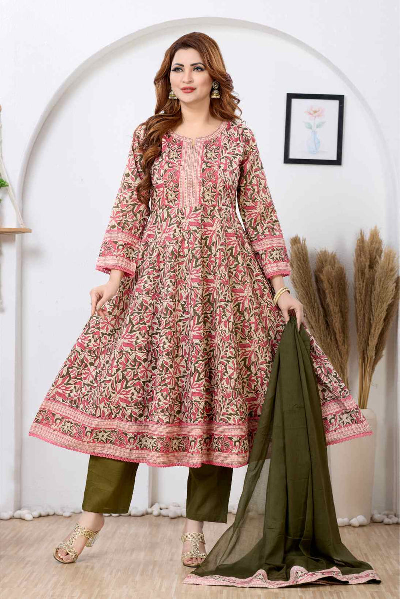 Olive Green & Pink Floral A-Line Kurta Set