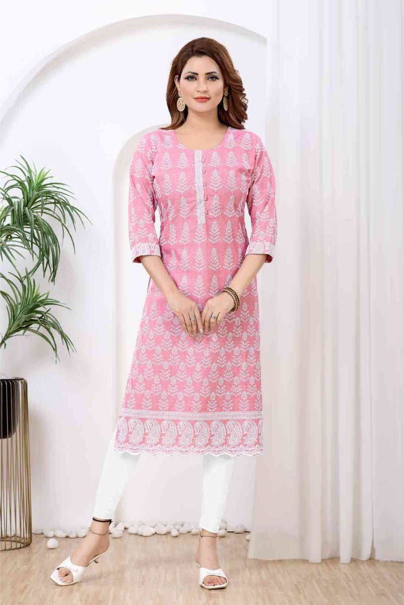 Pink & White Floral Block-Print Kurti