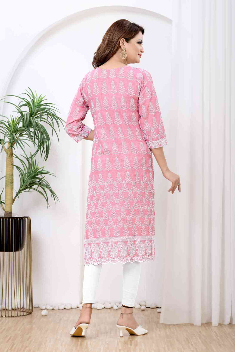 Pink & White Floral Block-Print Kurti