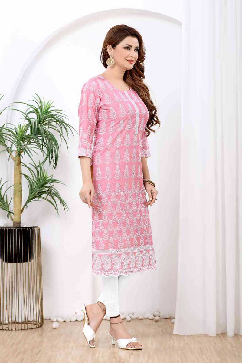 Pink & White Floral Block-Print Kurti