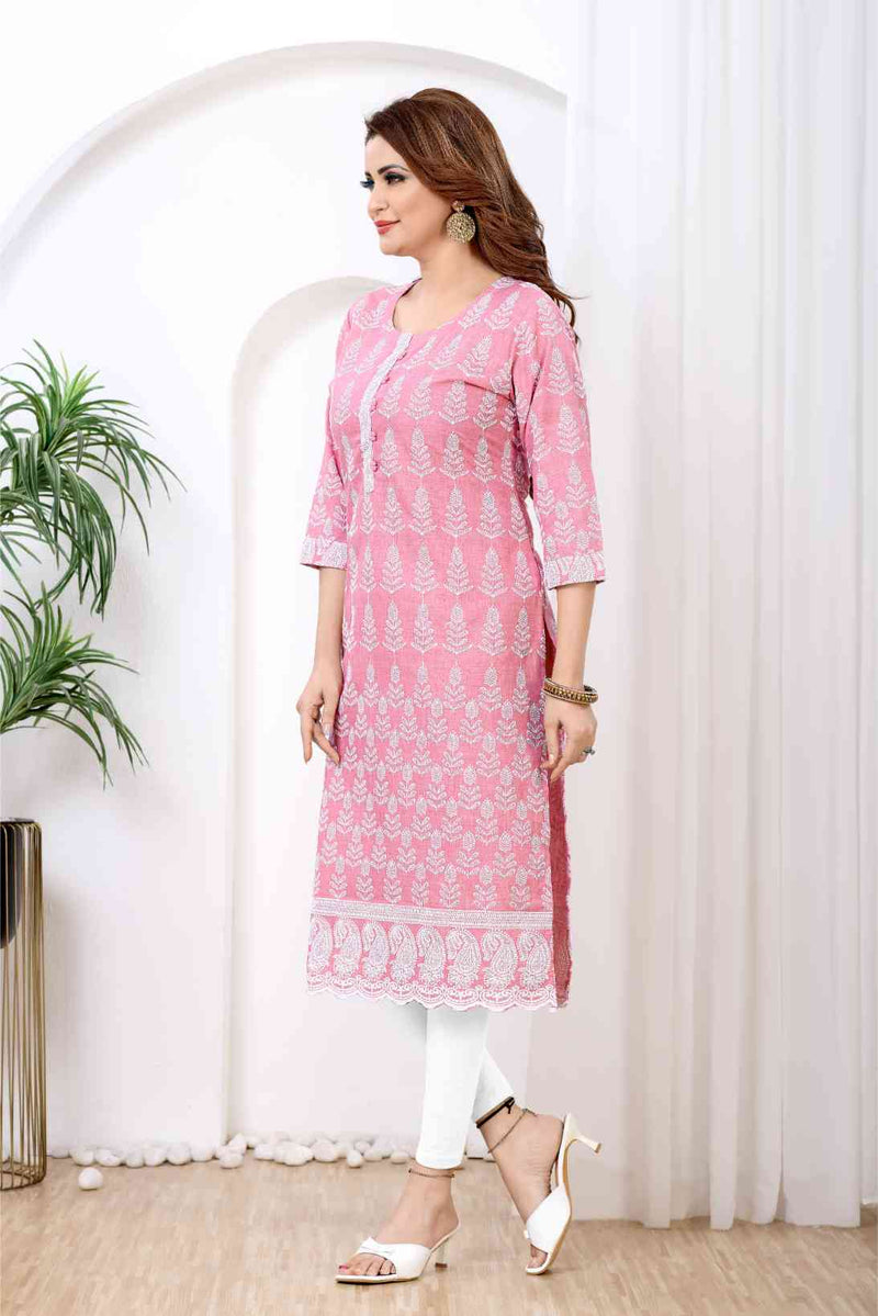 Pink & White Floral Block-Print Kurti