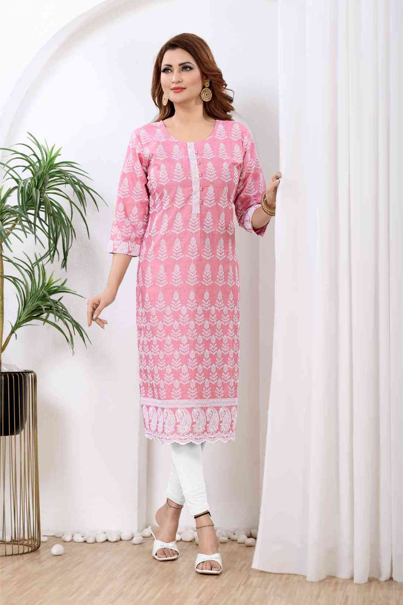 Pink & White Floral Block-Print Kurti
