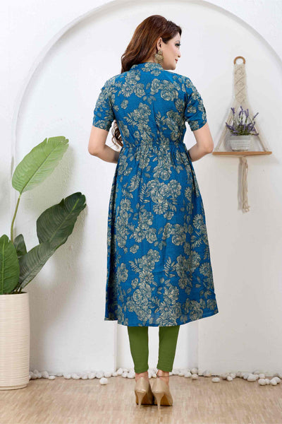 Prussian Blue & Metallic Gold Floral Silk