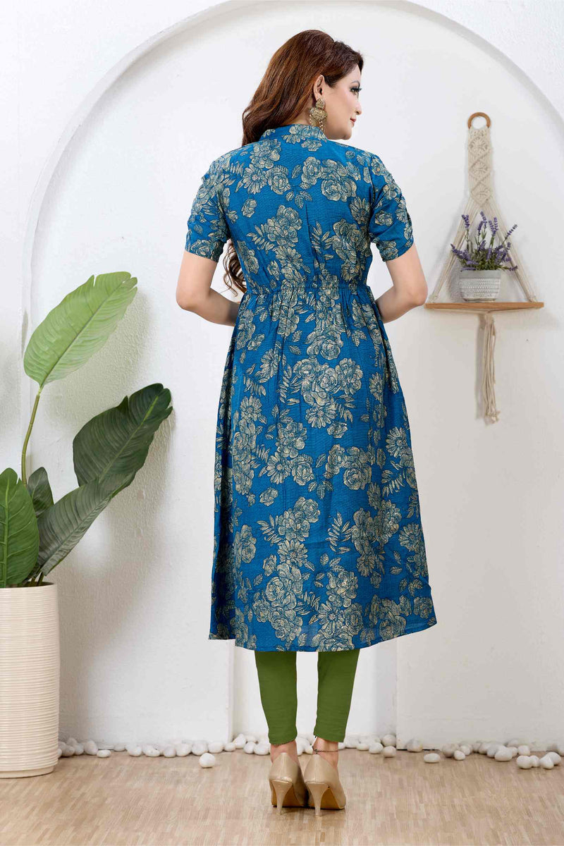 Prussian Blue & Metallic Gold Floral Silk