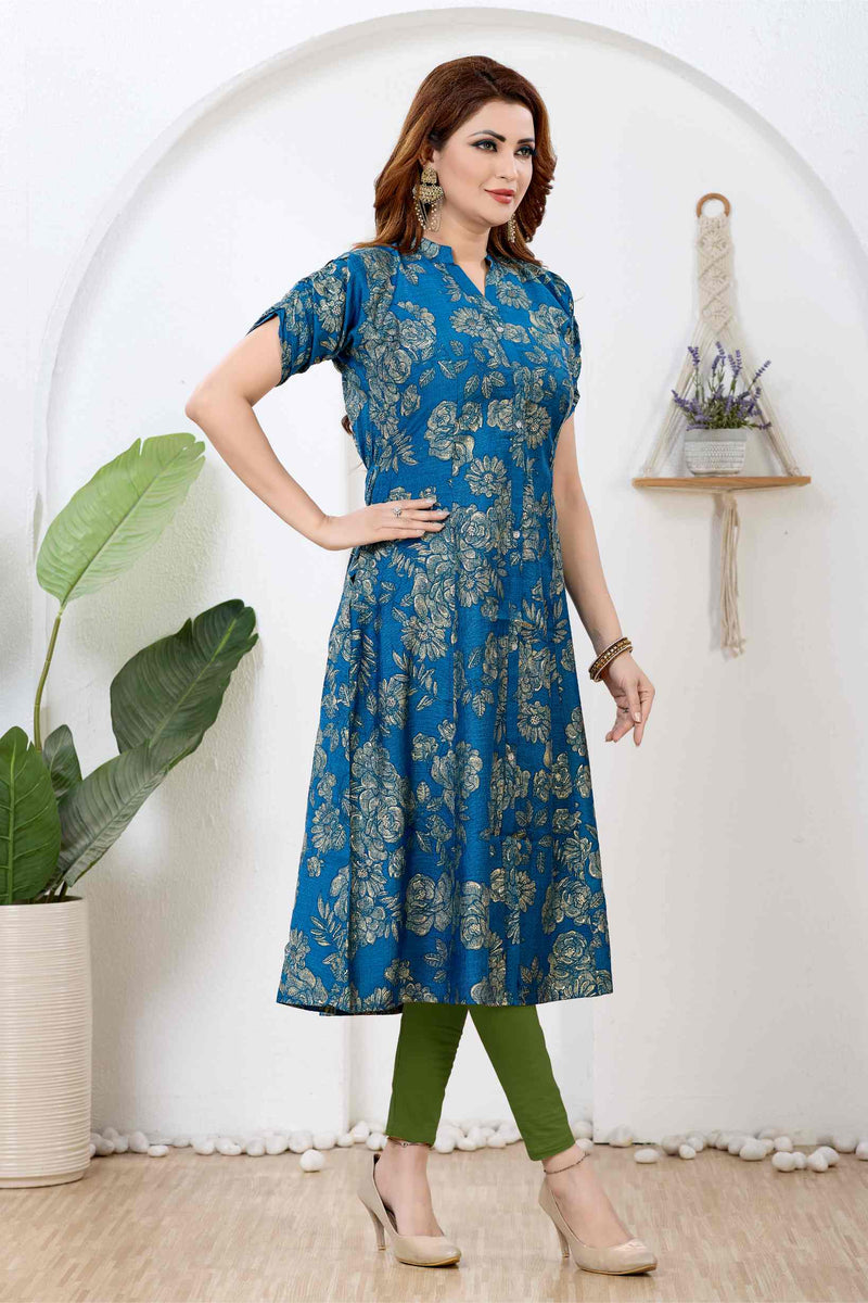 Prussian Blue & Metallic Gold Floral Silk