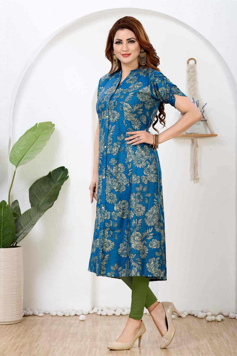 Prussian Blue & Metallic Gold Floral Silk