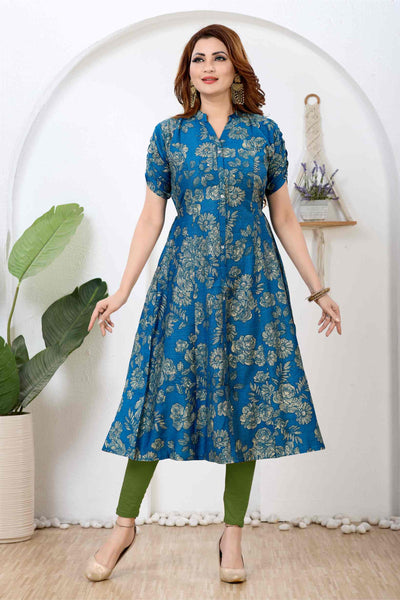 Prussian Blue & Metallic Gold Floral Silk