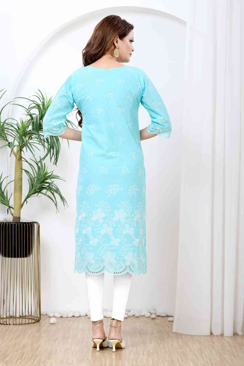 Sky Blue & White Floral Printed Kurti with Scalloped Chikankari
