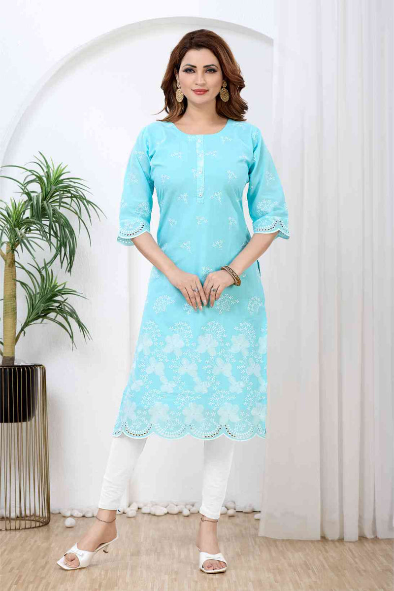 Sky Blue & White Floral Printed Kurti with Scalloped Chikankari