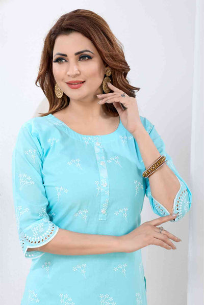 Sky Blue & White Floral Printed Kurti with Scalloped Chikankari