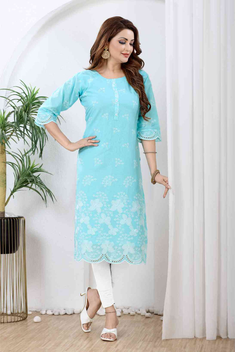 Sky Blue & White Floral Printed Kurti with Scalloped Chikankari