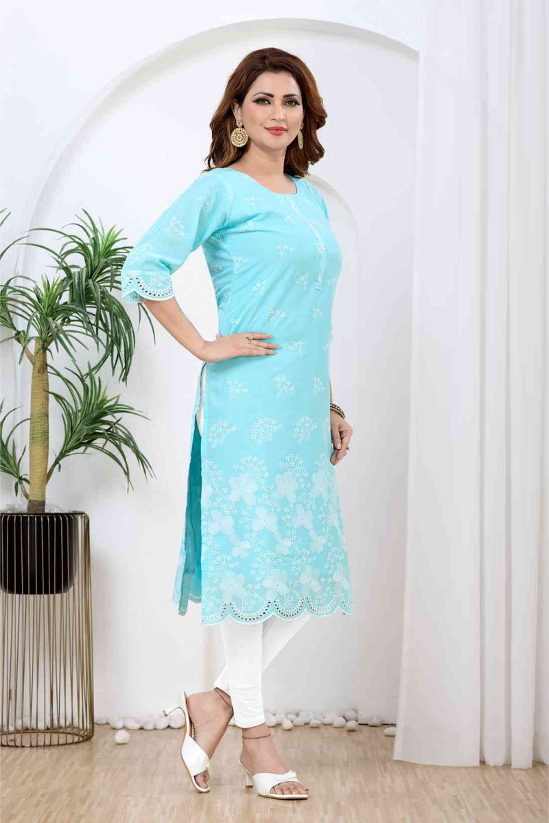 Sky Blue & White Floral Printed Kurti with Scalloped Chikankari