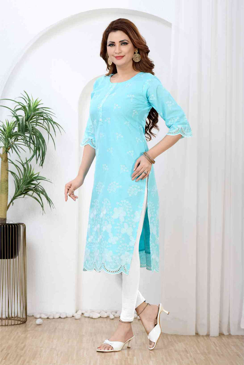 Sky Blue & White Floral Printed Kurti with Scalloped Chikankari
