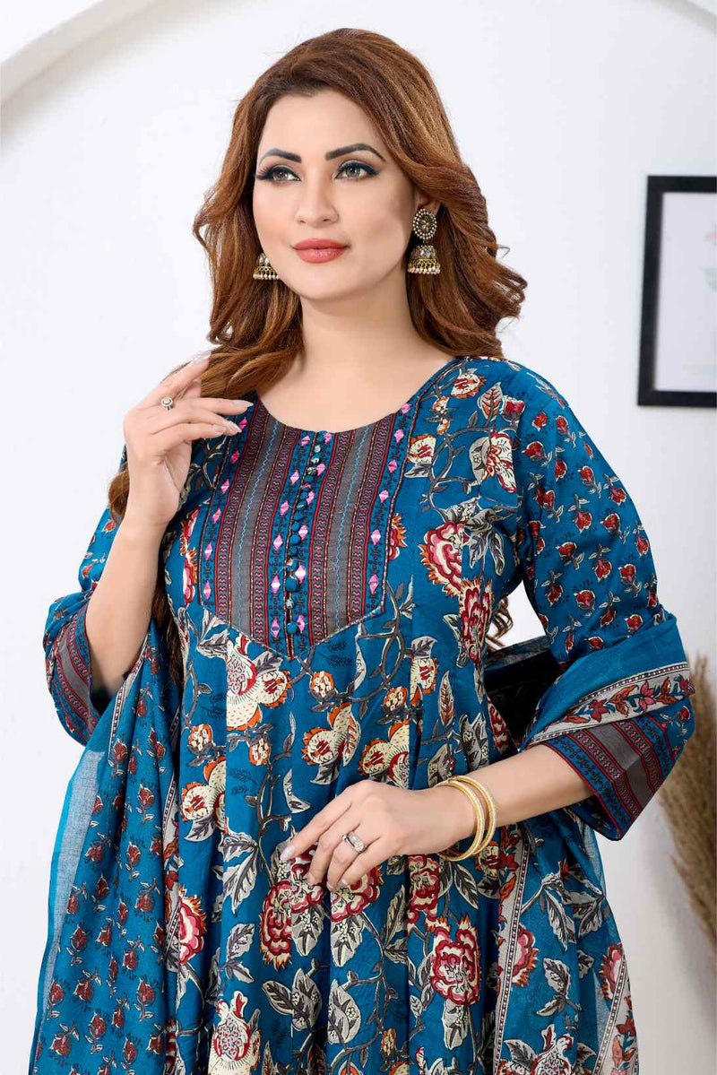 Teal Blue Floral Printed A-Line Kurta Set