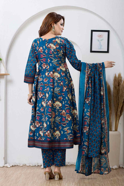 Teal Blue Floral Printed A-Line Kurta Set