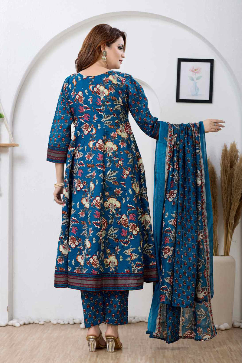 Teal Blue Floral Printed A-Line Kurta Set