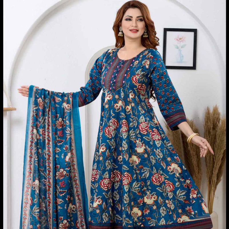 Teal Blue Floral Printed A-Line Kurta Set