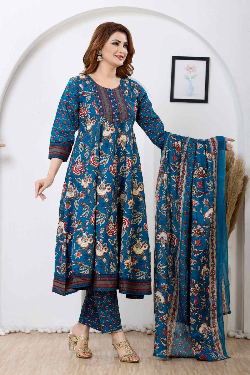 Teal Blue Floral Printed A-Line Kurta Set