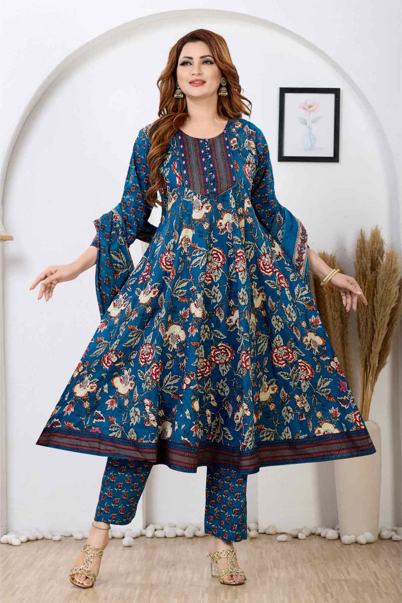 Teal Blue Floral Printed A-Line Kurta Set