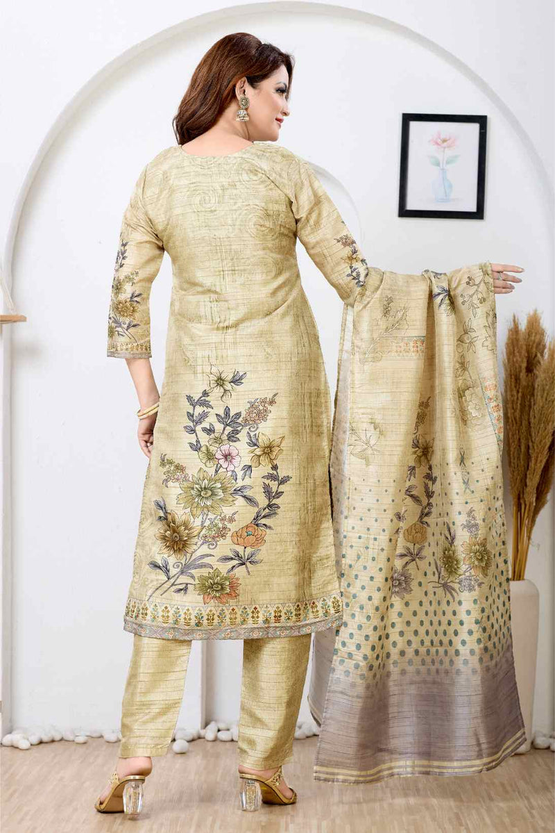 Textured Gold & Multi-Color Floral A-Line Kurta Set