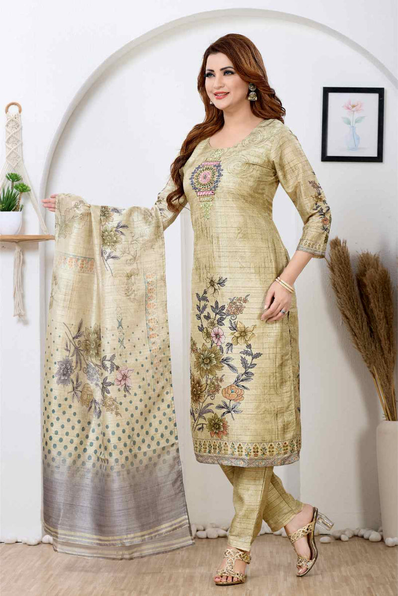 Textured Gold & Multi-Color Floral A-Line Kurta Set
