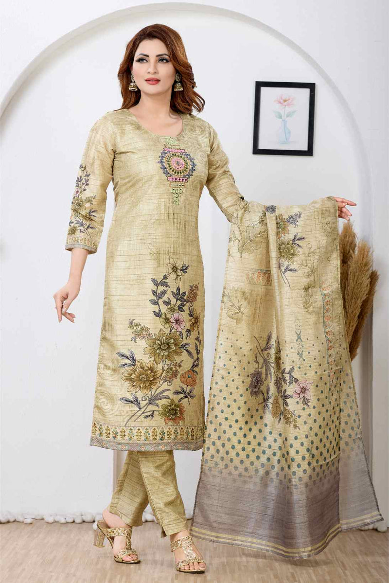 Textured Gold & Multi-Color Floral A-Line Kurta Set