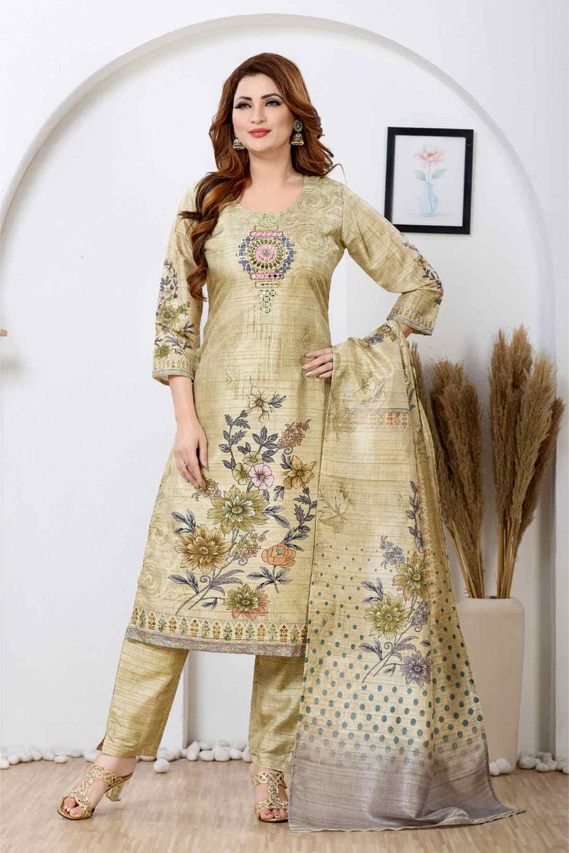 Textured Gold & Multi-Color Floral A-Line Kurta Set